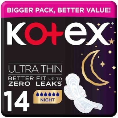 Kotex Ultra Thin Pads 100% Cotton Overnight Protection With Wings 14s