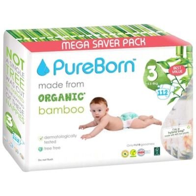 Pureborn Organic Bamboo Size 3 5.5-8kg 112 Diapers