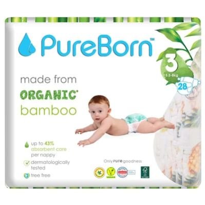 Pureborn Organic Bamboo Size 3 5.5-8kg 28 Diapers