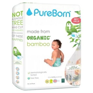 Pureborn Organic Bamboo Size 4 7-12kg 48 Diapers