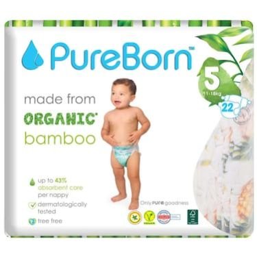 Pureborn Organic Bamboo Size 5 11-18kg 22 Diapers