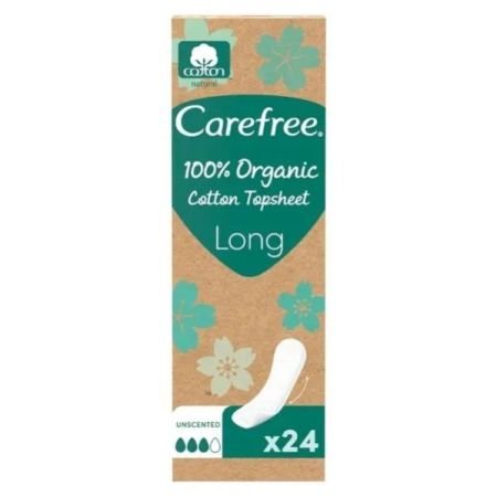Carefree 100% Organic Cotton Pantyliners, Long & Unscented, Pack Of 24s