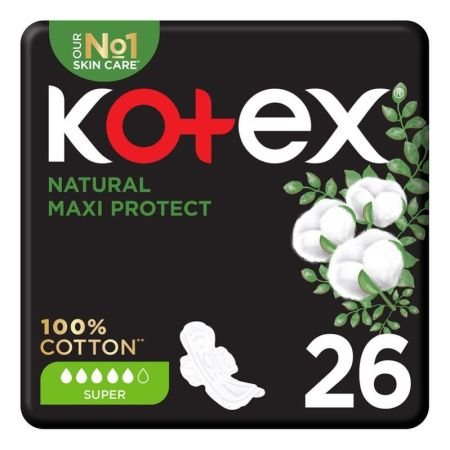 Kotex Natural Maxi Protect Thick 100% Cotton Pad With Wings Super Size 26s