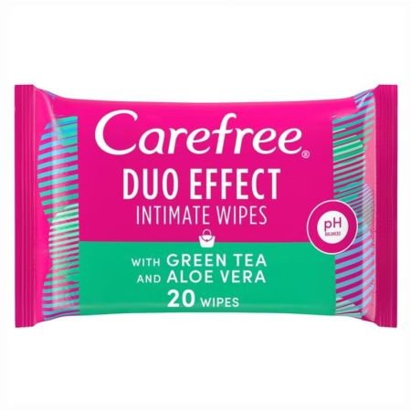 Carefree Duo Effect Intimate Wipes With Green Tea And Aloe Vera, Pack Of 20s