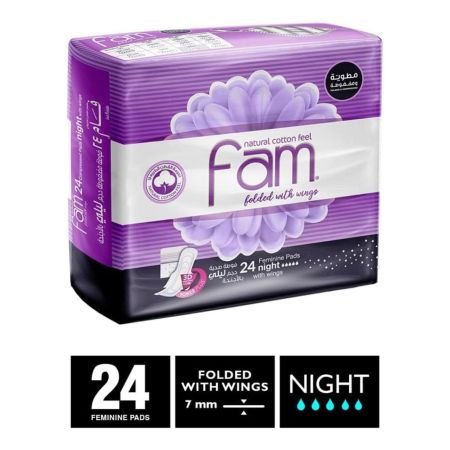 Fam Maxi Thick Natural Cotton Feel Night Sanitary Pads With Wings 24s